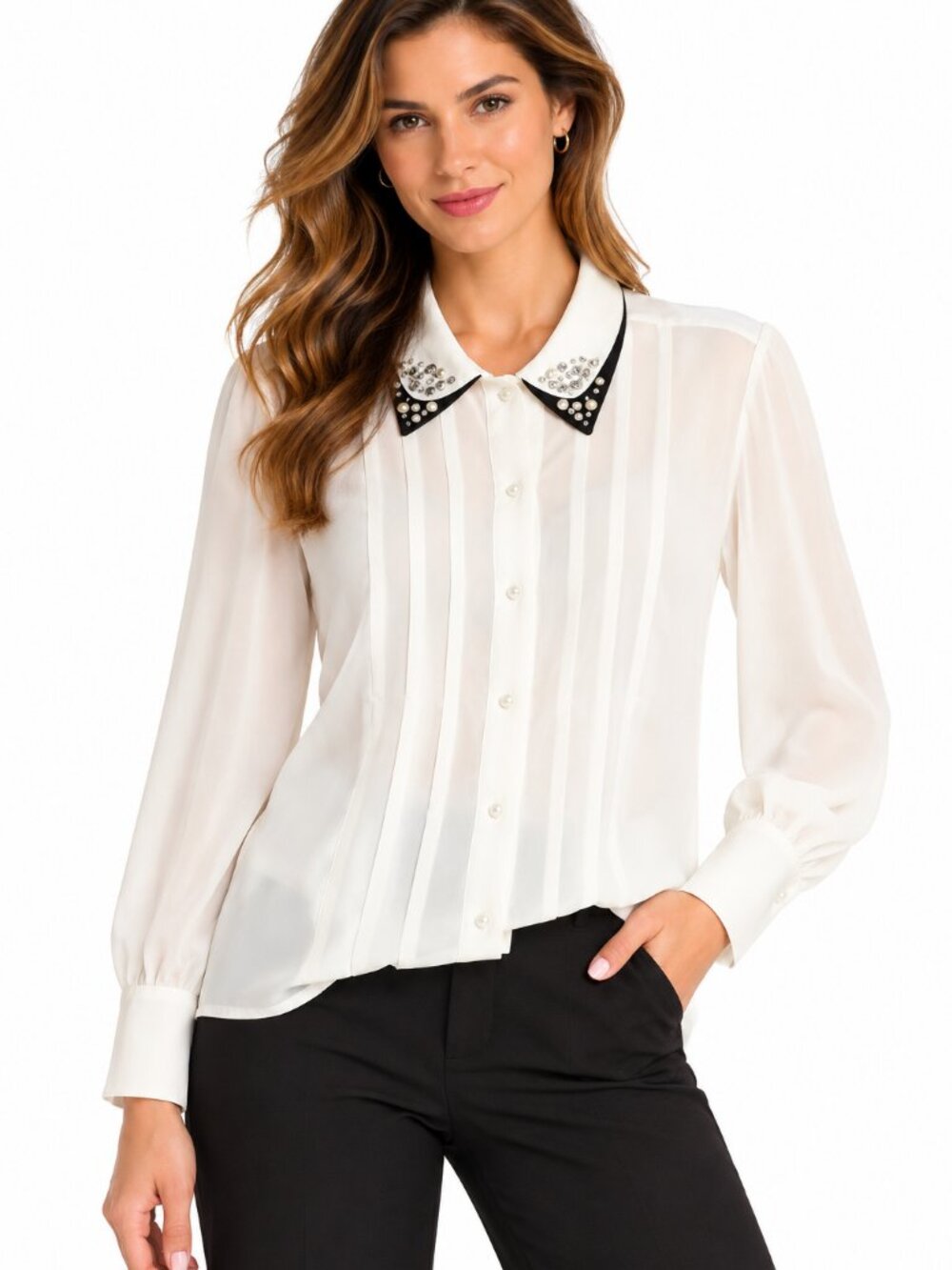 Laundry by Shelli Segal Pearl Studded Collar Blouse Medium White